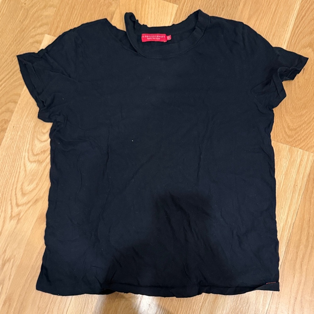 N : philanthropy black t shirt with ripped collar style. Perfect conditio